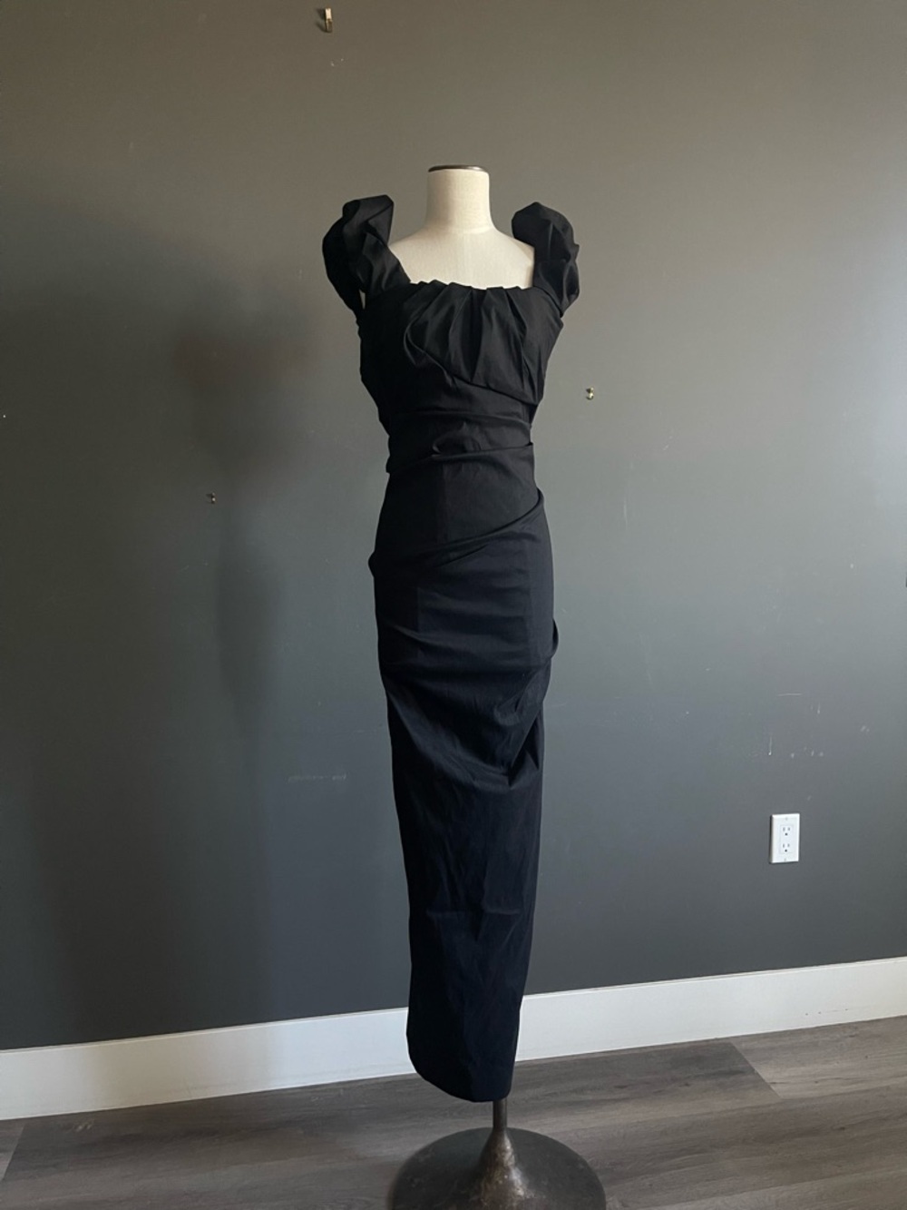 Rachel Gilbert Black Ruched Maxi Dress with Statement Shoulders